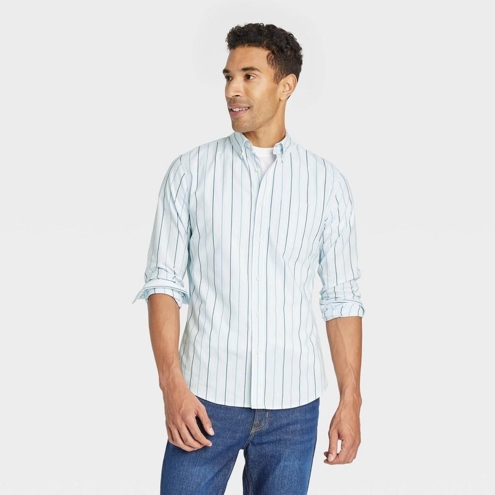 Goodfellow & Co Mens Striped Long Sleeve Button Down Shirt Blue M Slim Fit